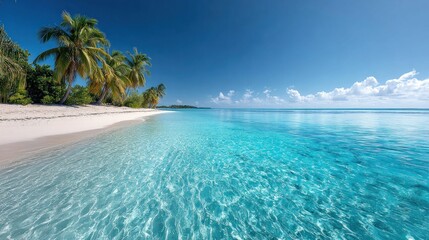 Naklejka premium Tropical beach scene with crystal clear water and palm trees under a blue sky