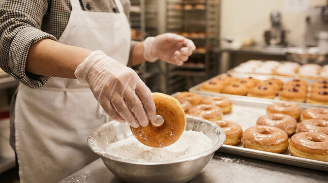 Baker preparing donuts in the kitchen of a confectionery