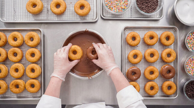 Hands of a confectioner making doughnuts in a pastry shop
