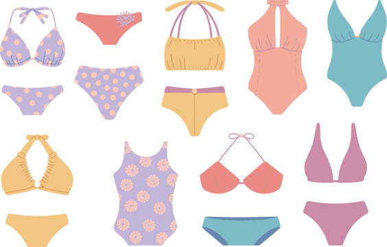 Assortment of women's swimwear and bikini sets on white background swimsuit one-piece