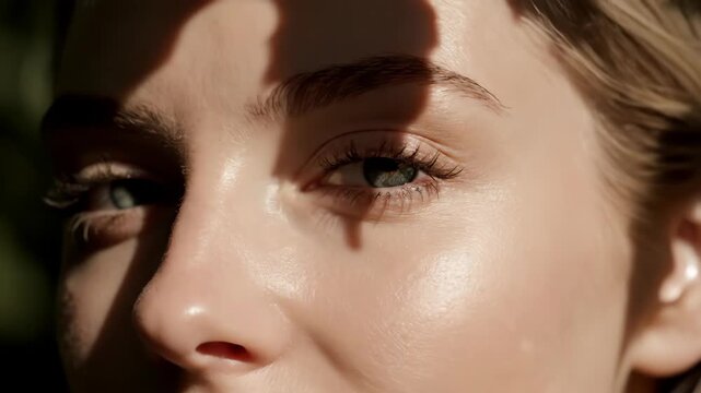Extreme closeup of womans closed eye with leaf shadow. Sunlight filtering through foliage on fair skin. Natural beauty portrait capturing serenity and outdoor tranquility in fine art style.