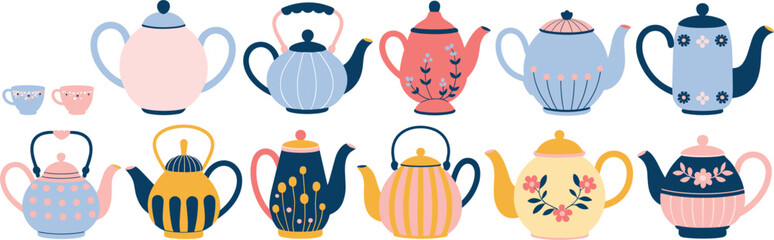 Collection of decorative teapots and cups in various styles on white background beverage