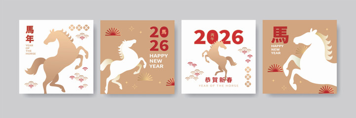 2026 Year of the Horse Chinese New Year greeting card set featuring traditional floral and Asian patterns with New Year elements. Translation: Lunar New Year.
