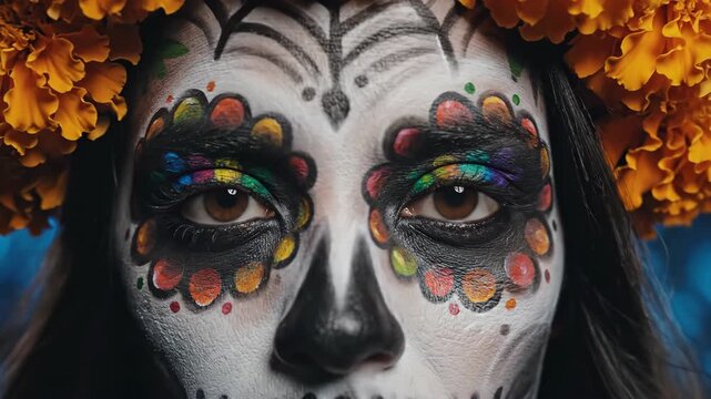 Woman with intricate sugar skull face paint and vibrant orange marigold flower crown. Cinematic slow motion zoom in on day of the dead makeup. Mexican cultural tradition honoring ancestors and
