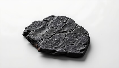 Fototapeta premium An irregularly shaped piece of blackened, rock like material placed against a plain background. The material has jagged edges and a textured surface, giving it a rugged appearance