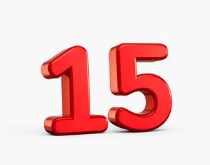Red glossy 3D number 15 with reflective highlights and bold smooth styling. 3d illustration