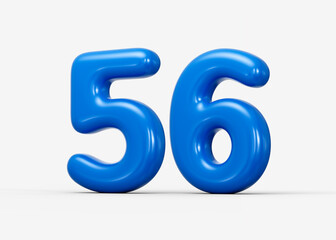 Shiny blue 3D number 56 styled with curved polished edges and glossy glow. 3d illustration