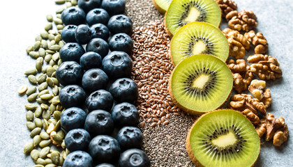 organized collection of wholesome superfoods including vibrant blueberries sliced kiwi, flax, chia and pumpkin seeds alongside walnuts illustrating nutritious eating habits