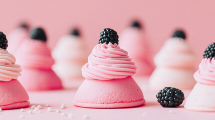 miniature pink meringue desserts topped with fluffy cream frosting and fresh blackberries arranged on a monochromatic pink background creating a sweet elegant display