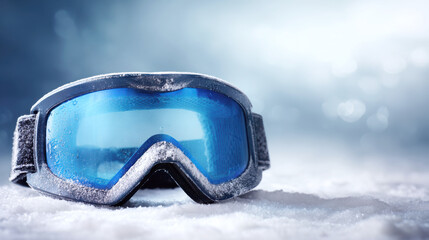 ski goggles resting on a bed of fresh snow showing frosty textures and ice droplets on the blue lens symbolizing winter sports cold weather and mountain adventures