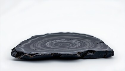 A piece of driftwood with a distinct dark gray hue and swirling patterns, placed against a stark white background that accentuates its natural texture and color variations.