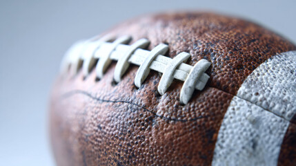 close-up studio shot of an american football showcasing textured brown leather, crisp white laces and detailed stitching ideal for sports training and equipment themes
