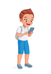Happy elementary school boy looking excitedly at his mobile phone. Cartoon vector illustration.