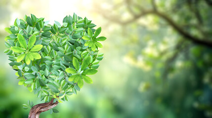 Eco friendly concept. Heart made from green leaves on horizontal sunny background. Ecology, go green, environmental, conservation protection, zero waste concept. Love of nature