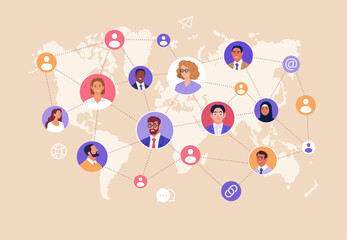 Business Networking. Vector illustration of a global business network with diverse people connected across world map. Concept of communication, partnerships, and online connections. © nadzeya26