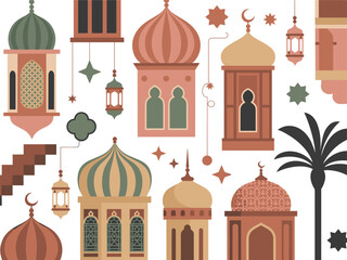 Islamic Architecture Elements and Ramadan Decorations in Earthy Tones Keywords: Islamic