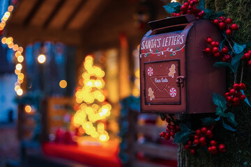Santa letter box. Write to Santa. A festive mailbox labeled "Santa's Letters" decorated with berries and ivy, set against a blurry background of golden Christmas lights and a glowing tree.