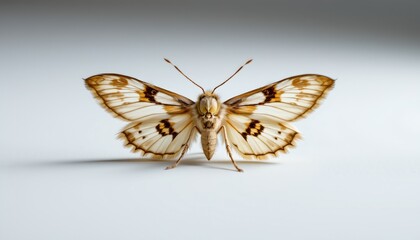 A butterfly with iridescent wings resting on a white surface against a grey background.