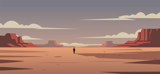 silhouette person walking alone in dessert , travel holiday tourism poster banner, mental health awareness concept