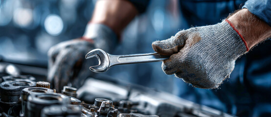 Mechanic working on a car engine with a wrench in a garage