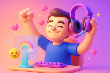 Naklejka premium Happy gamer boy celebrating victory at computer desk with headset and colorful emojis in vibrant 3D cartoon style on pink-purple background. Ai generative