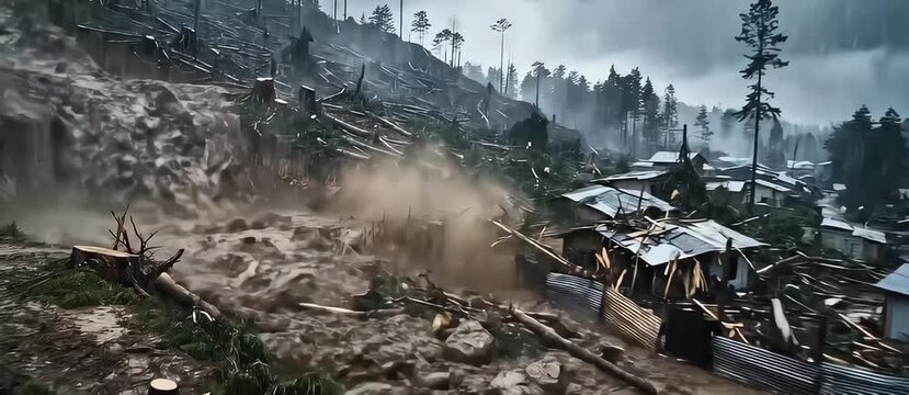 Devastating mudslide caused by deforestation sweeping through a rural village with massive debris and mud flow during a storm