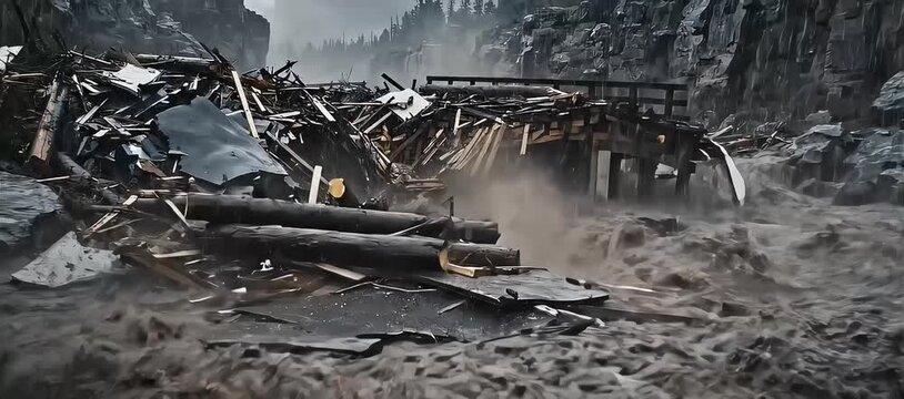 Devastating flash flood carrying debris and destroyed structures in a mountainous area during a natural disaster