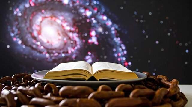 An open book on a plate is surrounded by a chain; galaxy in the blurred background