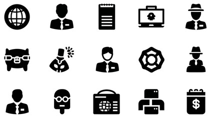 Diverse set of business and finance related icons, featuring a piggy bank, briefcase, and calculator