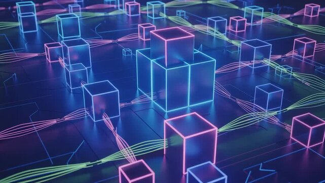Futuristic blockchain network with glowing wireframe cubes, digital data and decentralized technology concept
