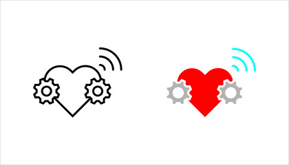 Outline icon set of a heart with gears and wireless signal symbol representing smart health, digital healthcare, medical technology, and innovation.