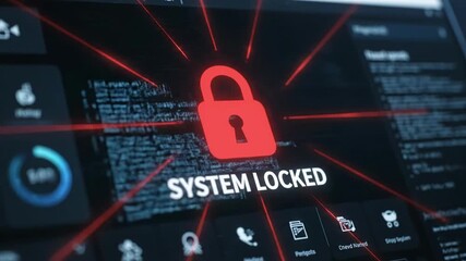 Cyber security warning screen with system locked message and red padlock - Powered by Adobe