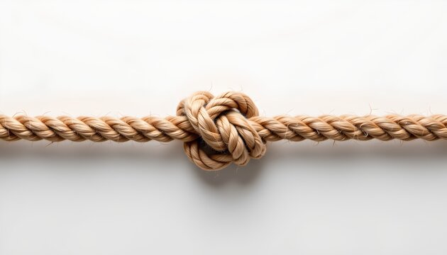 A close up view of a rope with a knot tied around a white background. - Powered by Adobe