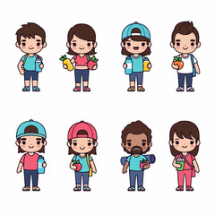 Cute cartoon collection of diverse young adults promoting active and healthy lifestyles by carrying fruits, water bottles, and sports equipment.