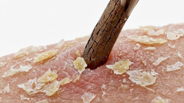Extreme Close Up Of A Hair Follicle With Dandruff On The Skin.