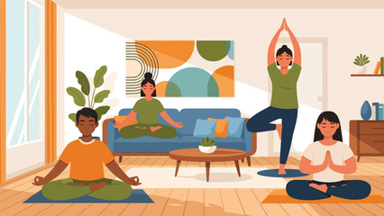 People practicing yoga and meditation indoors in calm modern flat vector illustration, mindfulness and balance concept, ideal for wellness, mental health, and relaxation themes