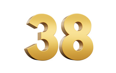 3D Golden number 38 Thirty eight with a shiny metallic finish and sharp edges, 3d illustration