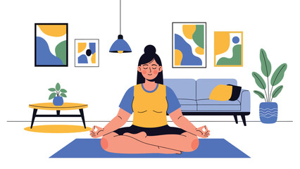 People practicing yoga and meditation indoors in calm modern flat vector illustration, mindfulness and balance concept, ideal for wellness, mental health, and relaxation themes