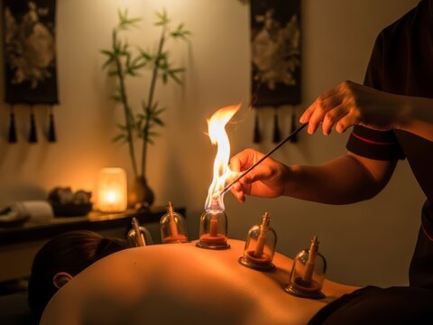 Therapists hand performing fire cupping on womans back for traditional chinese medicine treatment or spa therapy application.