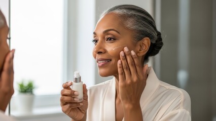 Happy senior african american woman applying face cream to healthy skin. Daily skincare routine for mature beauty. Anti-aging concept.