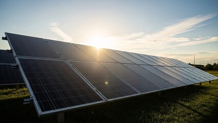 Solar Panel Array at Sunset Generating Clean Energy.