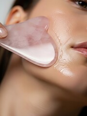 Woman using rose quartz gua sha tool on her cheek. Facial massage with natural stone for beauty skincare and wellness routine.