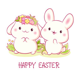 Square Easter card with two little bunny. Inscription Happy Easter. Childish print with cute rabbit. Can be used for t-shirt print, label, tag, sticker, greeting card design. Vector illustration EPS8