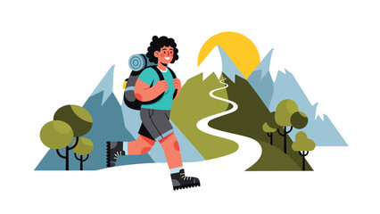 People hiking on mountain trails in modern flat vector illustration, outdoor adventure and travel leisure, ideal for tourism, nature, and lifestyle themes