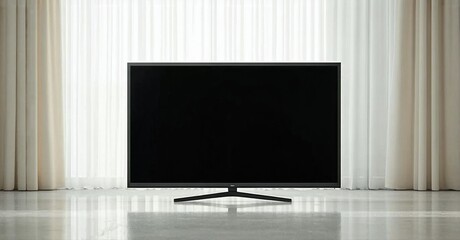 Modern television set positioned before sheer curtains. Minimalist interior, neutral tones, reflective floor creates subtle visual effect.