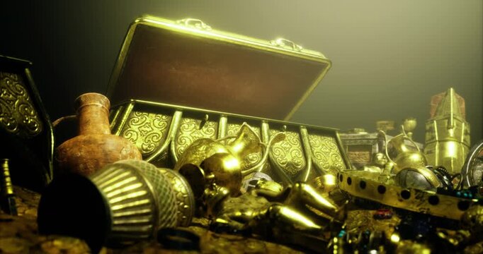 Buried within layers of dust, a gleaming chest filled with golden relics is revealed. Intricate designs and sparkling jewels shine, hinting at a lost civilizations wealth and history.