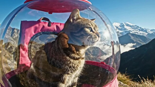 Tabby cat inside pink transparent bubble backpack carrier hiking on mountain top with snowy peaks background