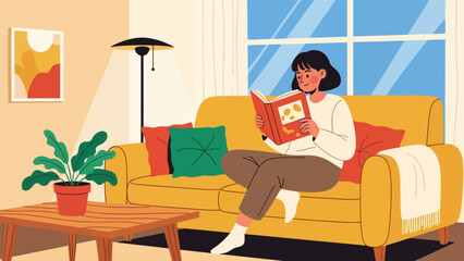 Person reading a book comfortably in modern flat vector style, relaxing hobby and self-improvement, ideal for education and lifestyle visuals