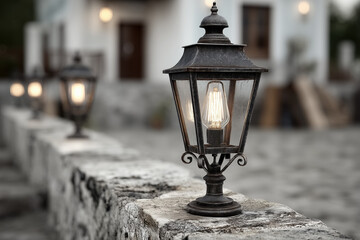 Naklejka premium Vintage street lanterns illuminating stone pathway at dusk