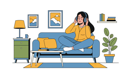 Person listening to music with headphones in modern flat vector illustration, relaxation and entertainment hobby, ideal for audio and lifestyle themes